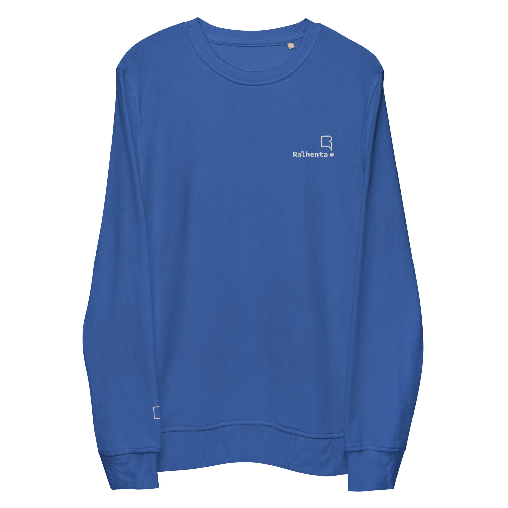 Sweatshirt unissexo orgânica azul real com logo bordado da marca Ralhenta