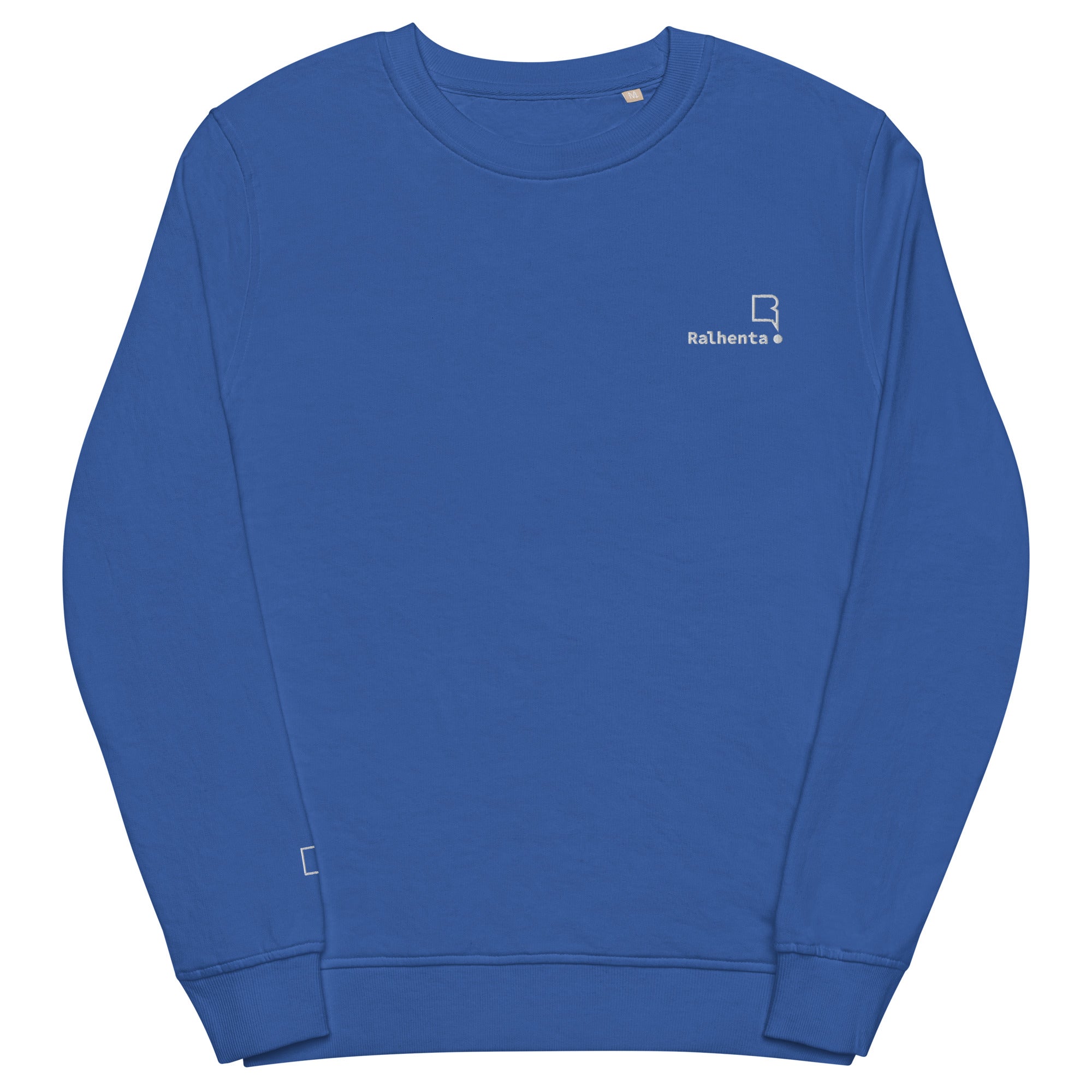 Sweatshirt unissexo orgânica azul real com logo bordado da marca Ralhenta