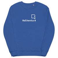 Sweatshirt unissexo orgânica azul real com logo grande da marca Ralhenta