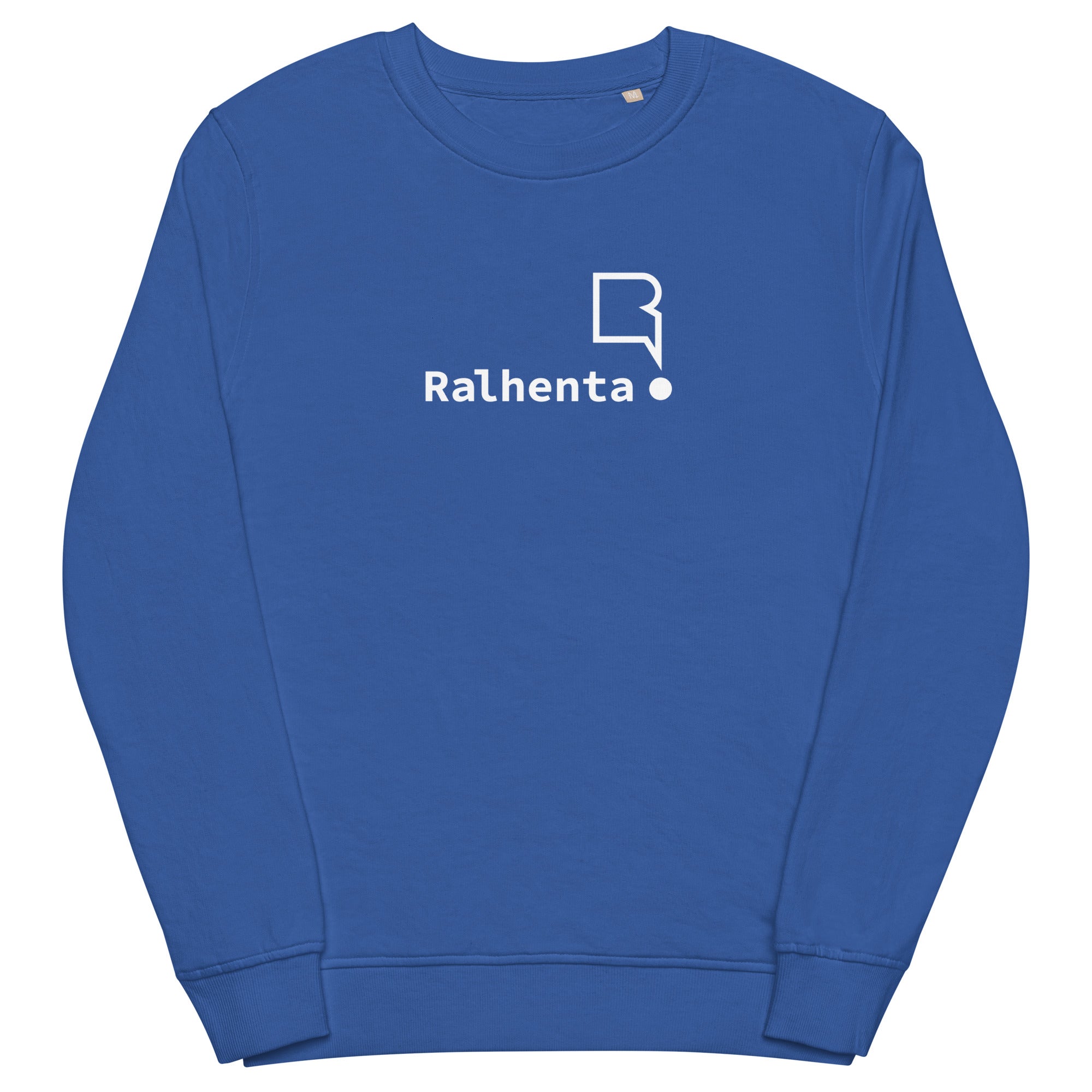 Sweatshirt unissexo orgânica azul real com logo grande da marca Ralhenta
