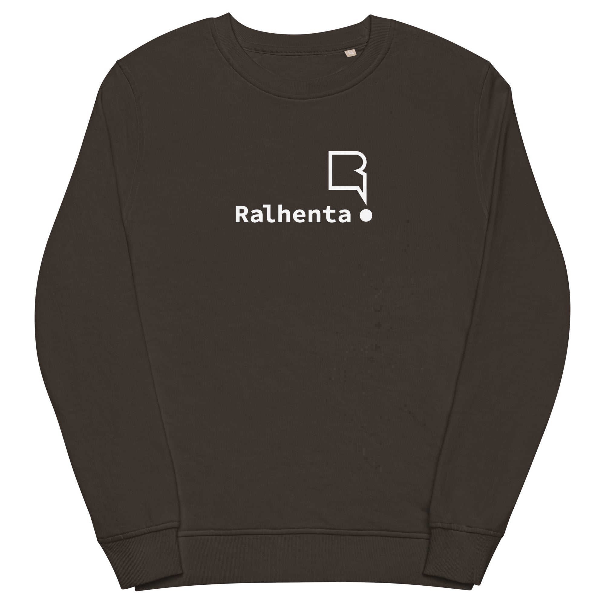 Sweatshirt unissexo orgânica cinza carvão com logo grande da marca Ralhenta
