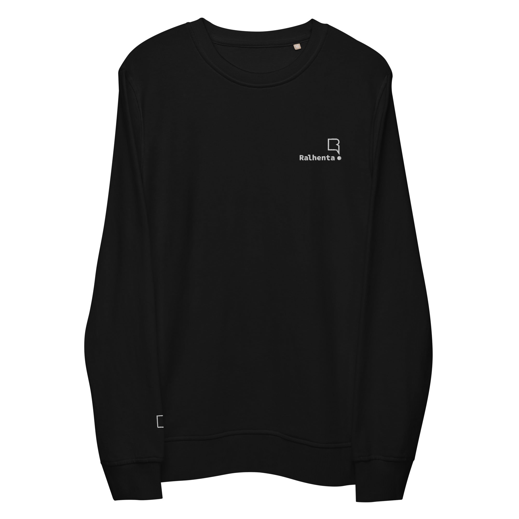 Sweatshirt unissexo orgânica preta com logo bordado da marca Ralhenta