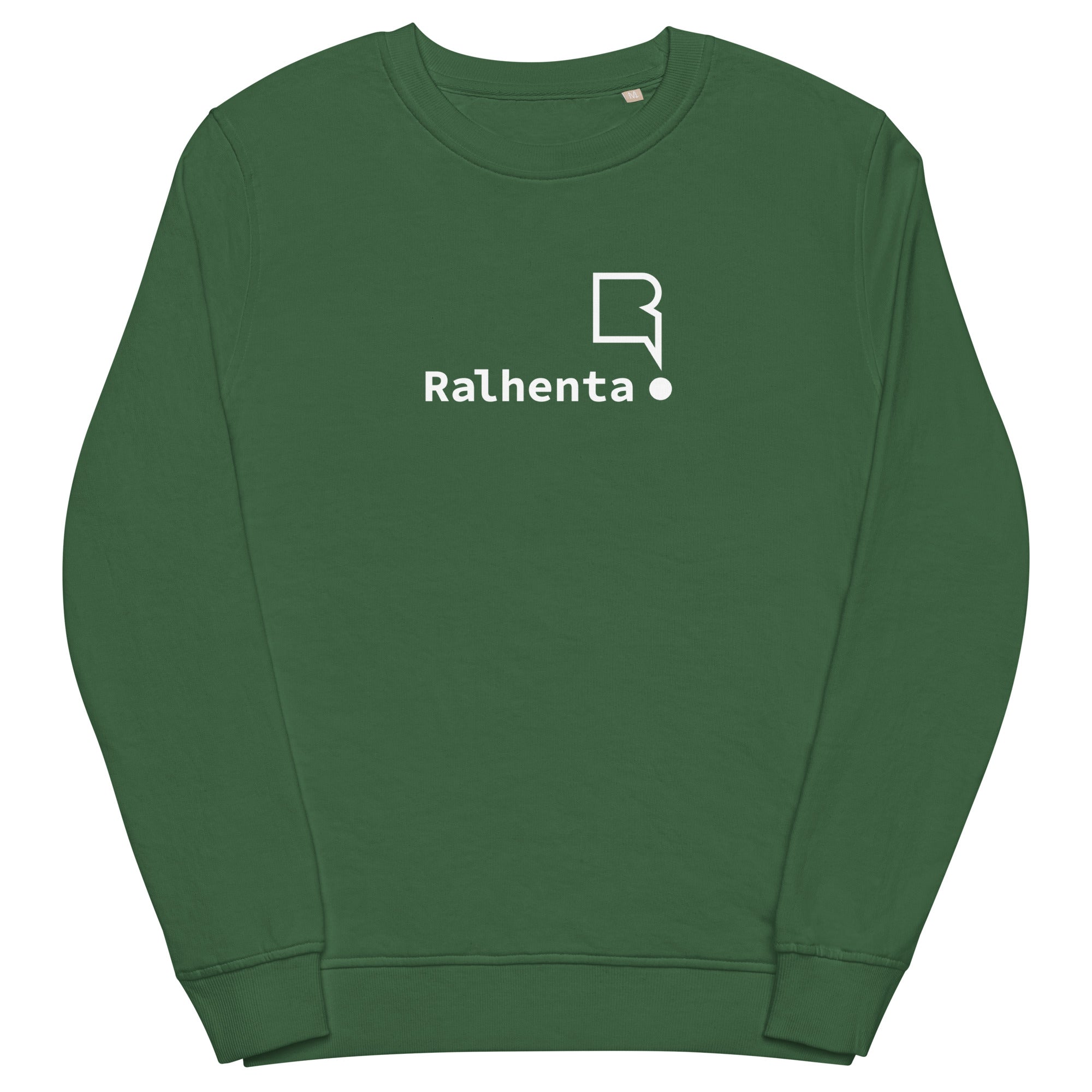 Sweatshirt unissexo orgânica verde garrafa com logo grande da marca Ralhenta