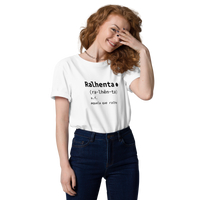 T-shirt unissexo algodão orgânico branca com a entrada de dicionário "Ralhenta: aquela que ralha" da marca Ralhenta

