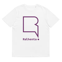 T-shirt unissexo algodão orgânico branca com logo roxo em grande da marca Ralhenta

