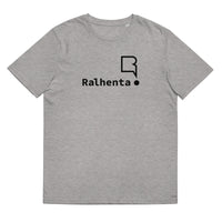 T-shirt unissexo algodão orgânico cinza mescla com logo preto da marca Ralhenta