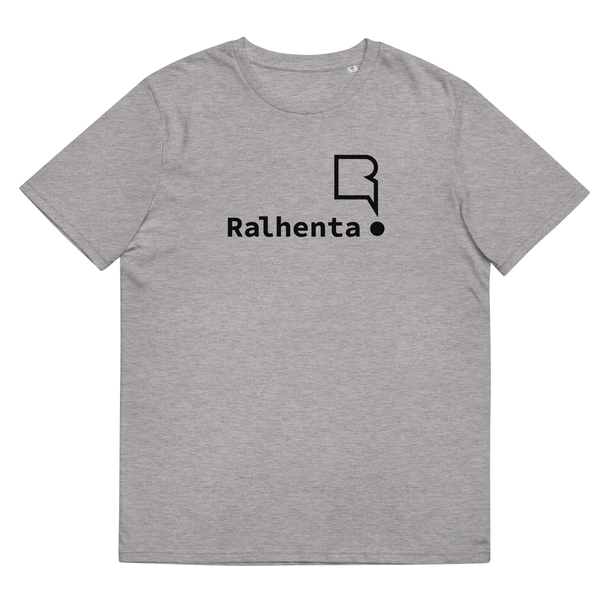 T-shirt unissexo algodão orgânico cinza mescla com logo preto da marca Ralhenta