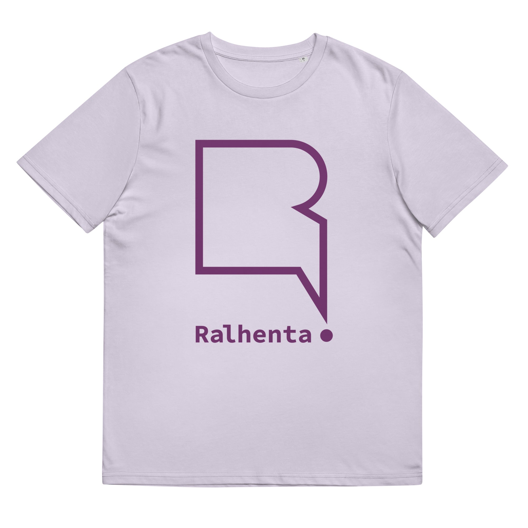T-shirt unissexo algodão orgânico branca com logo roxo em grande da marca Ralhenta