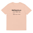 T-shirt unissexo algodão orgânico pêssego com a entrada de dicionário "Ralhenta: aquela que ralha" da marca Ralhenta