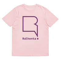 T-shirt unissexo algodão orgânico branca com logo roxo em grande da marca Ralhenta