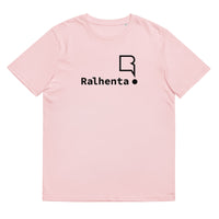 T-shirt unissexo algodão orgânico rosa algodão com logo preto da marca Ralhenta