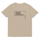 T-shirt unissexo orgânica bege com a frase "Igualdade, equidade, solidariedade" da marca Ralhenta