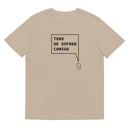 T-shirt unissexo orgânica bege com a frase "Tens de sofrer comigo" da marca Ralhenta