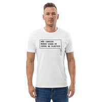 T-shirt unissexo orgânica branca "Não consigo beber vinho em copos de plástico" da marca "Ralhenta"