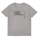 T-shirt unissexo orgânica cinza mescla  com a frase "Igualdade, equidade, solidariedade" da marca Ralhenta
