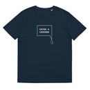 T-shirt unissexo orgânica azul marinho com a frase "Estou a caminho" da marca Ralhenta