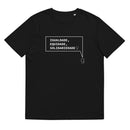 T-shirt unissexo orgânica preta com a frase "Igualdade, equidade, solidariedade" da marca Ralhenta