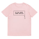 T-shirt unissexo orgânica rosa algodão com a frase "Em casa quero partilha" da marca Ralhenta