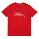 T-shirt unissexo orgânica vermelha com a frase "Igualdade, equidade, solidariedade" da marca Ralhenta