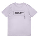 T-shirt unissexo orgânica lavanda com a frase "Não sou objeto, sou sujeito" da marca Ralhenta